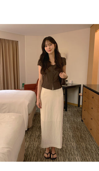 [2 colors] Frill Button Short Sleeve Blouse
