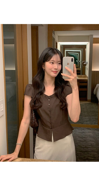 [2 colors] Frill Button Short Sleeve Blouse