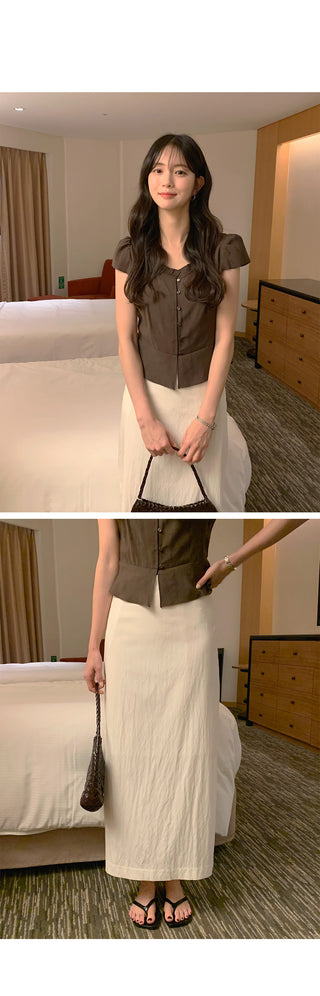 [2 colors] Frill Button Short Sleeve Blouse
