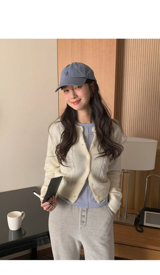 (3 colors) Cable Knit Round Neck Cardigan