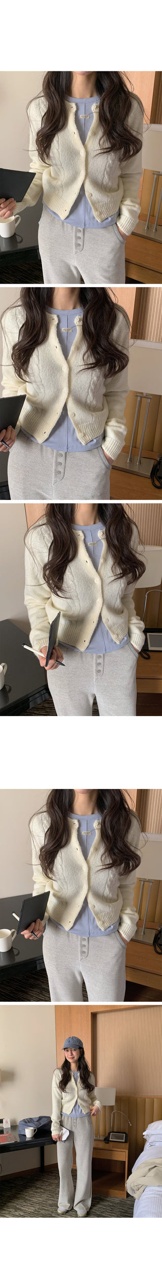 (3 colors) Cable Knit Round Neck Cardigan