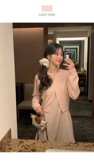 (3 colors) Cable Knit Round Neck Cardigan