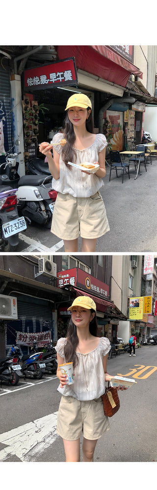 (2 colors) Striped puff blouse