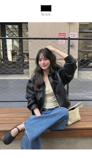 (2 colors) Cropped Leather Jacket