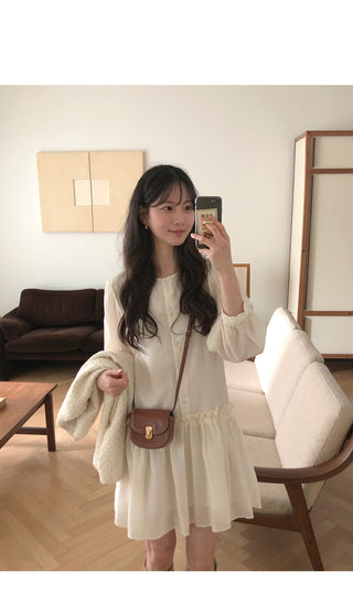 (2 colors) Frill Shirring Midi Dress