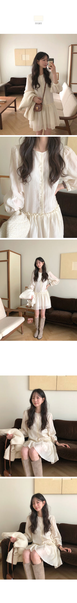 (2 colors) Frill Shirring Midi Dress
