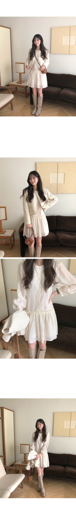 (2 colors) Frill Shirring Midi Dress