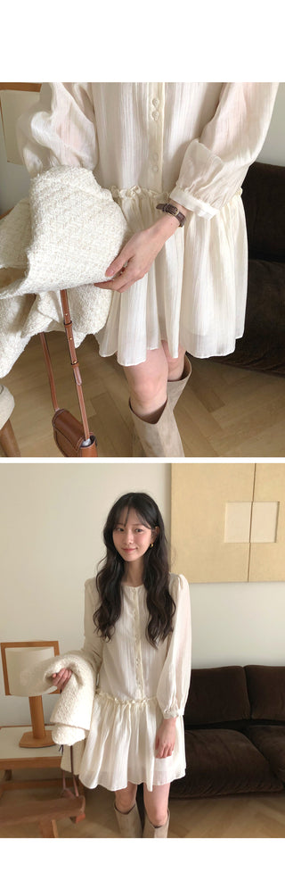(2 colors) Frill Shirring Midi Dress