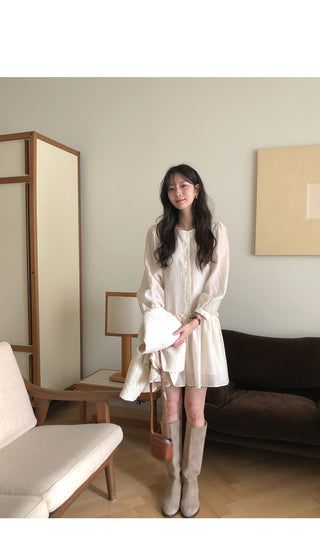 (2 colors) Frill Shirring Midi Dress