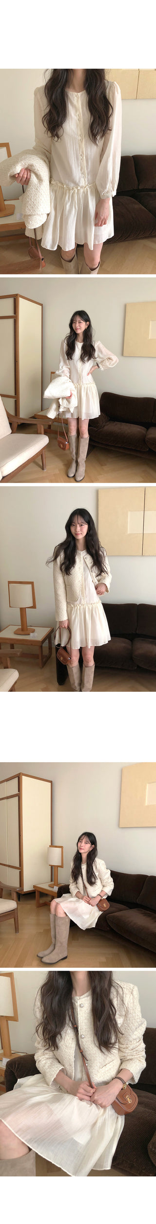(2 colors) Frill Shirring Midi Dress