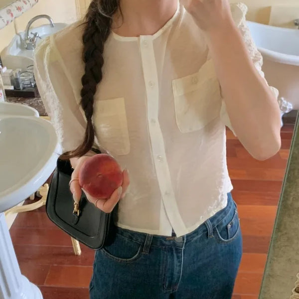 Organza cropped short-sleeved blouse