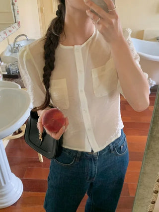 Organza cropped short-sleeved blouse