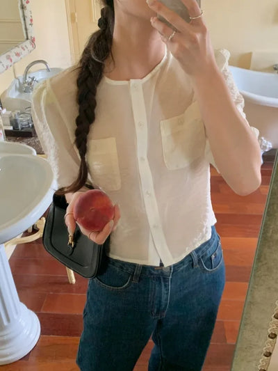 Organza cropped short-sleeved blouse