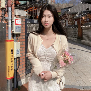Pink round-neck loose-fitting short long-sleeve knit cardigan