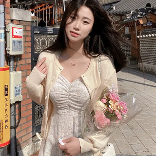 Pink round-neck loose-fitting short long-sleeve knit cardigan