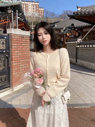 Pink round-neck loose-fitting short long-sleeve knit cardigan