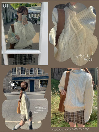Loose-fit wool twist cable knit sweater