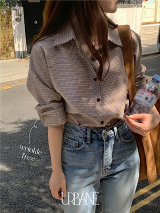 Wrinkle-free brown vintage check shirt