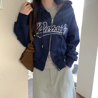 Zip-up jacket with lettering hood