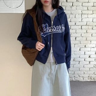 Zip-up jacket with lettering hood