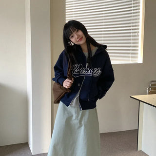 Zip-up jacket with lettering hood