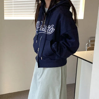 Zip-up jacket with lettering hood