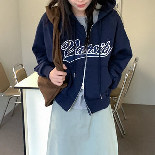 Zip-up jacket with lettering hood