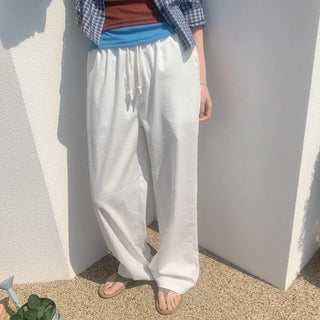 Linen wide-leg elastic waist pants