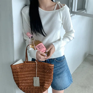 Ribbon One-Shoulder Ribbed Knit