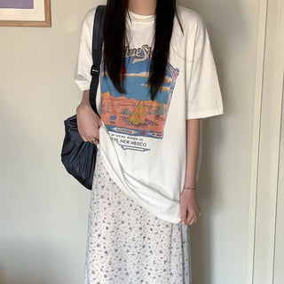 Cotton print oversized short-sleeved T-shirt