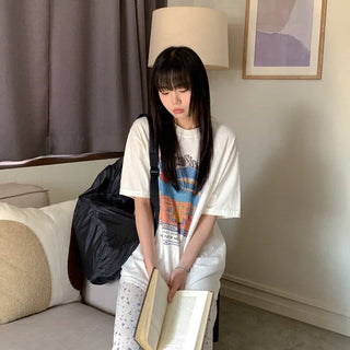 Cotton print oversized short-sleeved T-shirt