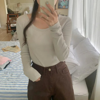 Round U-neck ribbed long-sleeved T-shirt