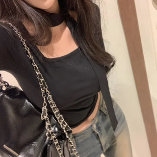 [2-Piece] Brushed Fleece Scarf Square Neck Slim T-Shirt