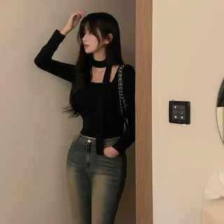 [2-Piece] Brushed Fleece Scarf Square Neck Slim T-Shirt