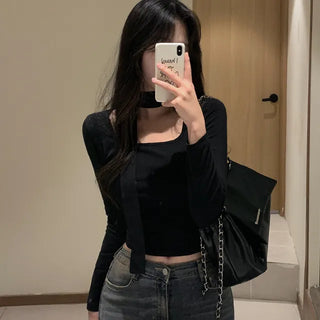 [2-Piece] Brushed Fleece Scarf Square Neck Slim T-Shirt