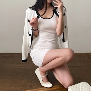 [SET] Sleeveless Mini Knit Cardigan Dress Set