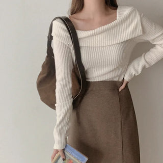 Ribbed Spun Off-Shoulder Long-Sleeve T-Shirt