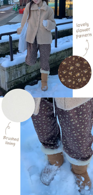 Flower-patterned fleece-lined jogger pants