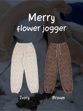 Flower-patterned fleece-lined jogger pants