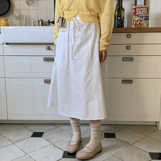 [Lined] A-line cotton ribbon long skirt