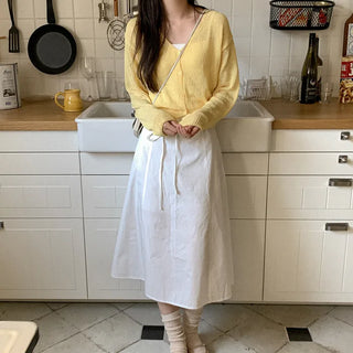 [Lined] A-line cotton ribbon long skirt