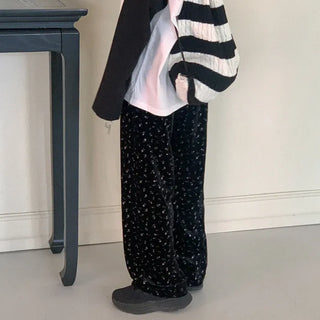 Flower Velour/Velvet Elastic Waist Pants