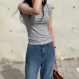 Ribbed square neck short-sleeved T-shirt