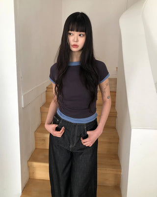 Color-blocked shirred T-shirt