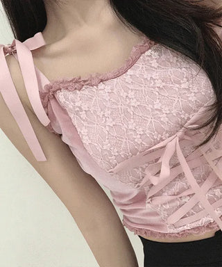 Lace ribbon tie top sleeveless