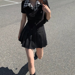 Preppy look pleated mini A-line pleated skirt