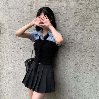 Preppy look pleated mini A-line pleated skirt