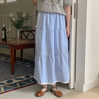 [Lined] Checkered Tiered Long Skirt
