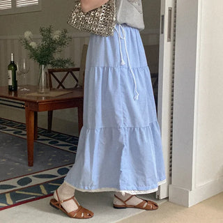 [Lined] Checkered Tiered Long Skirt