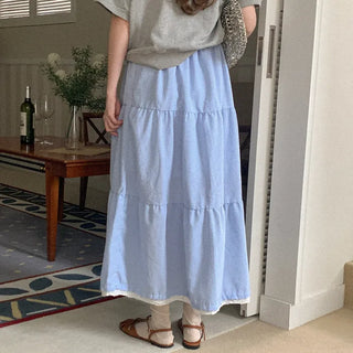 [Lined] Checkered Tiered Long Skirt